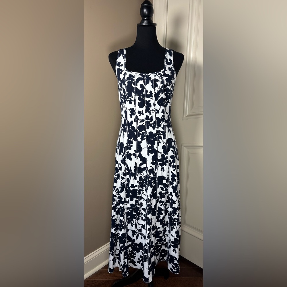 Loft Woman’s Garden Seamed Ponte Midi Dress Navy Blue & White Back Zipper Size 4